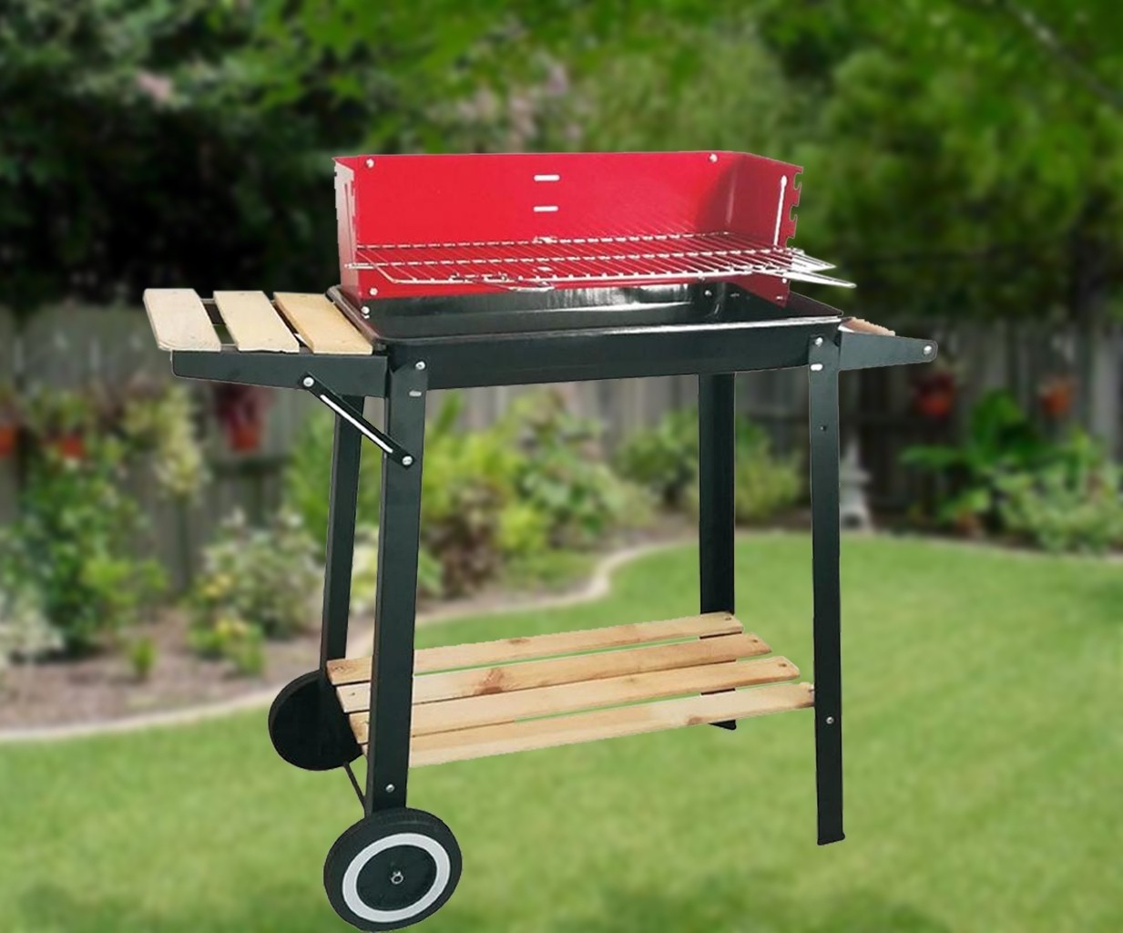 Gratar metalic, cu roti si raft depozitare lemne