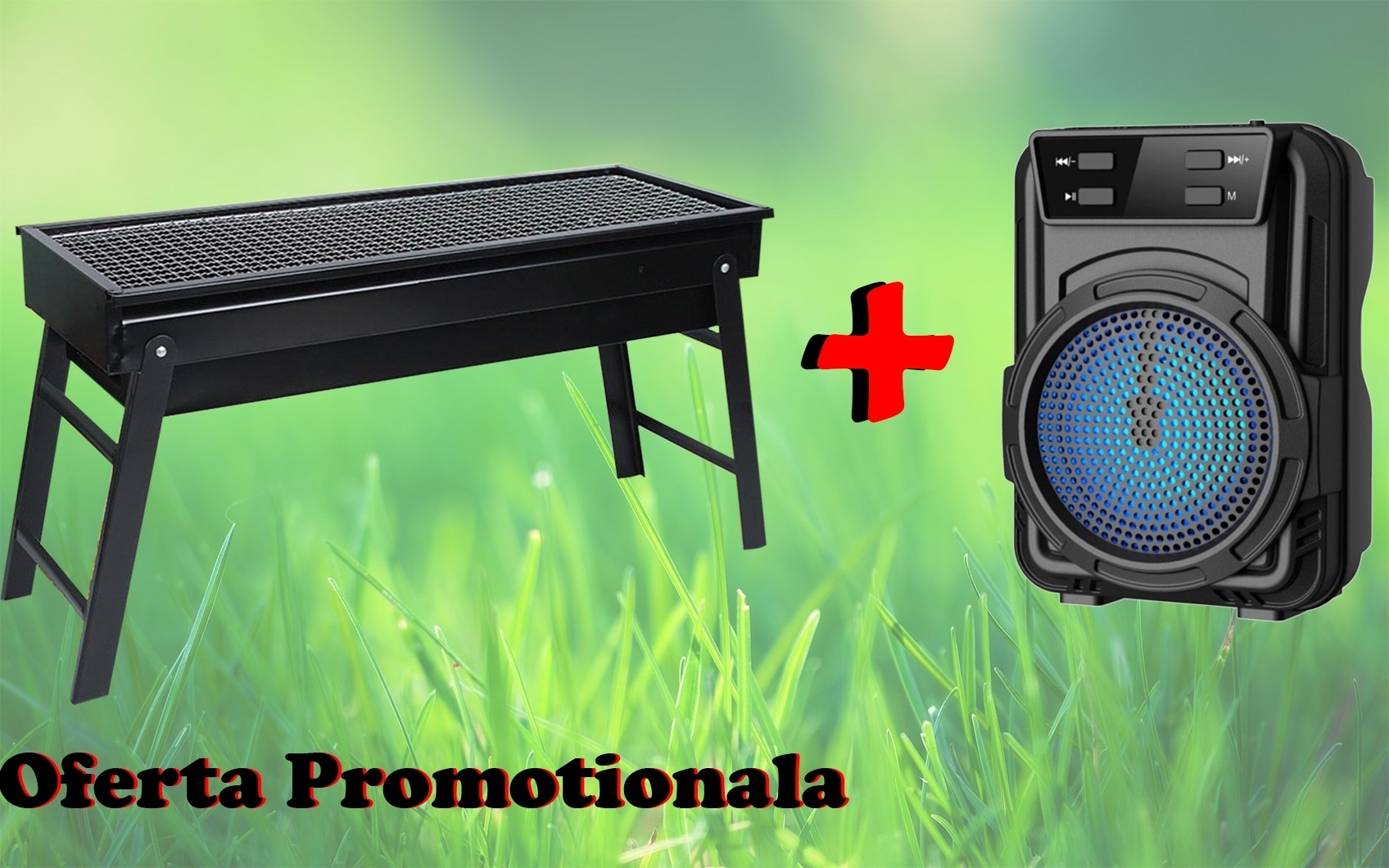 Pachet promotional pentru camping, Gratar pliabil + mini boxa Bluetooth Cadou