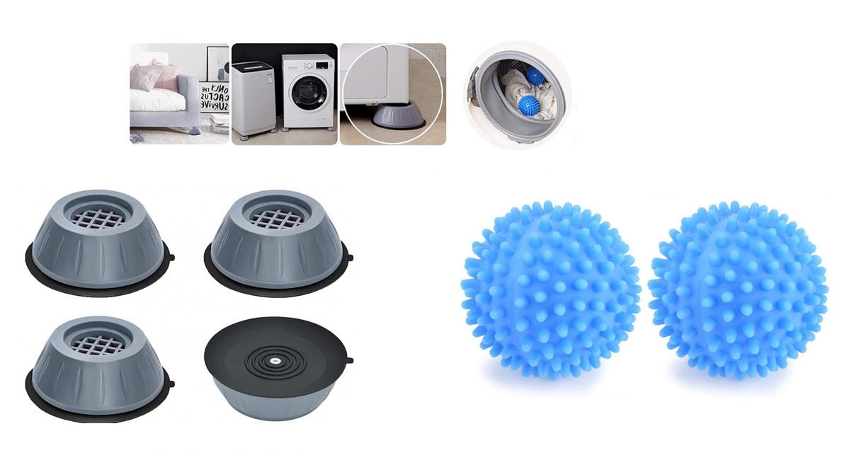 Pachet promo Set 2 bile anti-sifonare, uscarea rapida a rufelor pentru masina de spalat si Set 4 suporti amortizare, antizgomot/antivibratii pentru masina de spalat