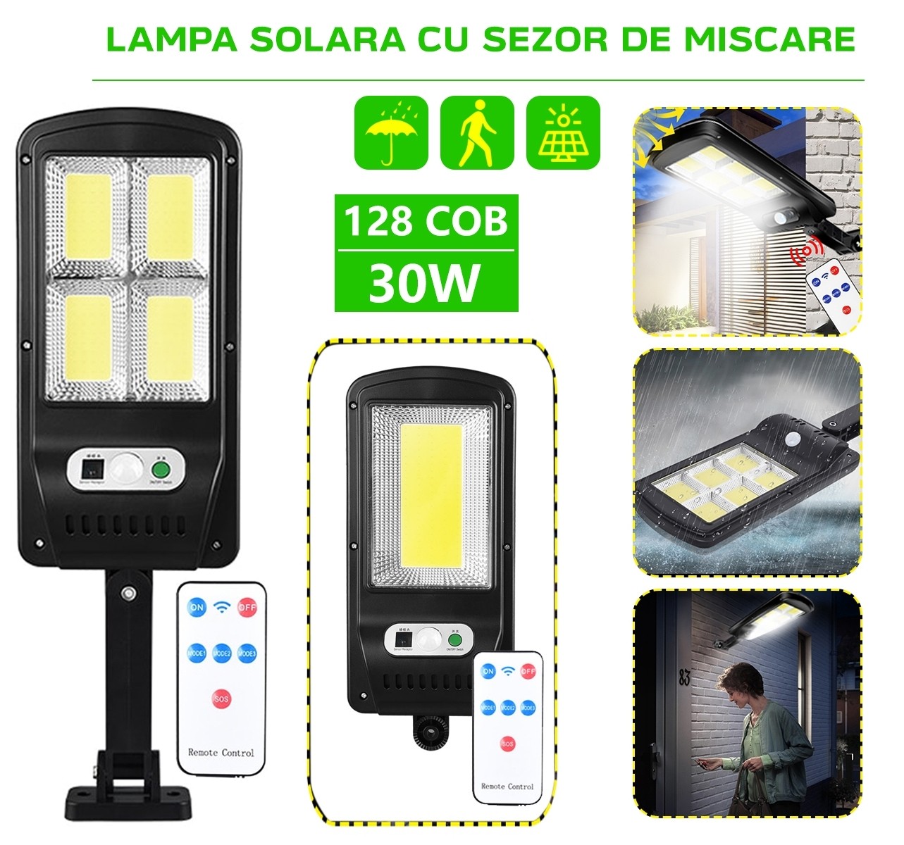 Lampa Solara cu LED, 30W, 128 COB, telecomanda inclusa