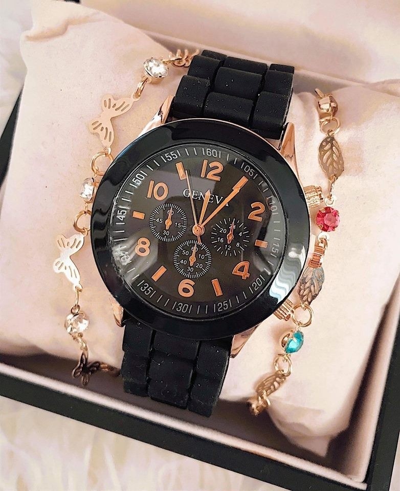 Ceas de dama Geneva Golden Black curea de silicon