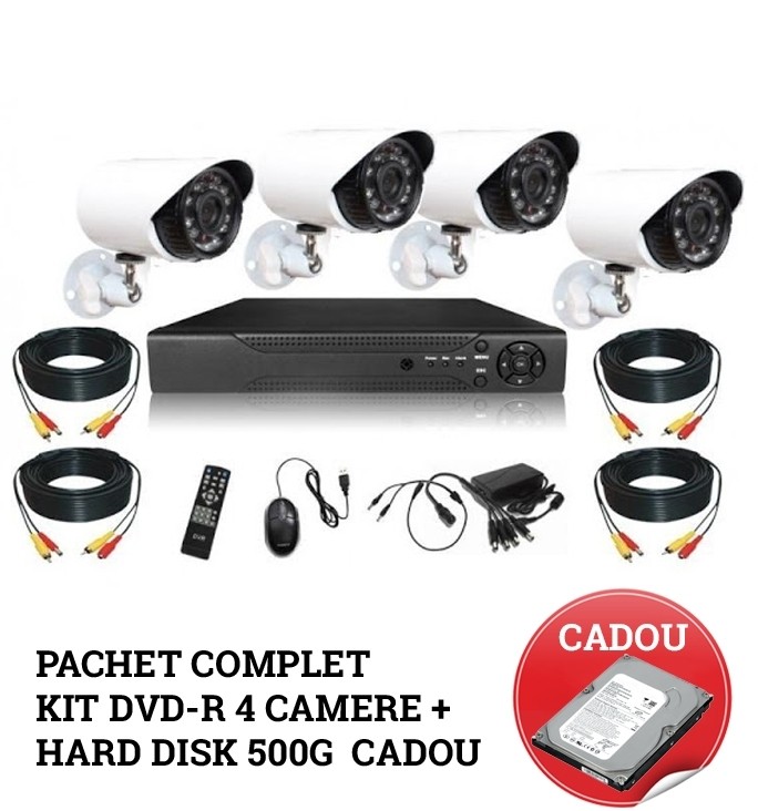 Pachet complet Kit supraveghere DVR CCTV 4 camere + Hard Disk 500 G 