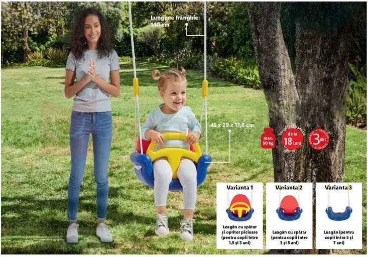 Leagan 3in1, convertibil, cu spatar si opritor picioare pentru copii varsta 1,5 - 7 ani