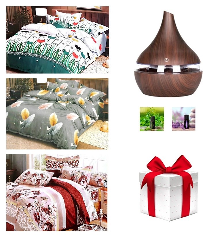 Promotie limitata! lenjerie de pat 4 piese din finet 180x230 cm model floral + umidificator aromaterapie + set 2 uleiuri aromaterapie + boxa portabila