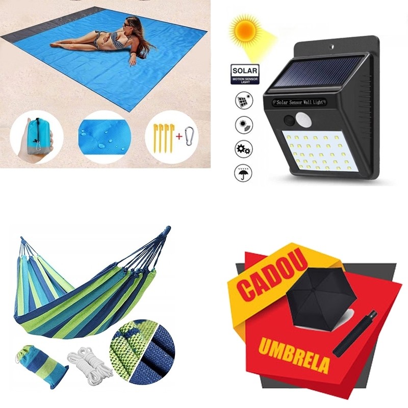 Pachet PROMO - Covoras Plaja, Picnic BeachMat, Lampa Solara cu Senzor de Miscare, Hamac din Bumbac cu Husa + Umbrela CADOU