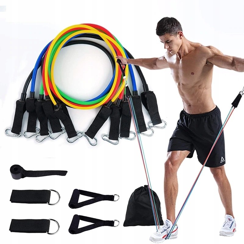 Set 5 corzi elastice din latex cu accesorii pentru toate grupele musculare