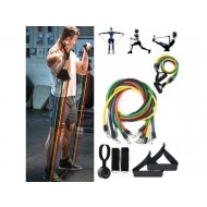 Set 11 piese, extensor fitness cu corzi elastice latex 5 rezistente diferite, manere, ancora usa si curele pentru glezna