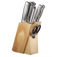 Set 5 cutite inox , ascutitor, foarfeca, suport lemn.