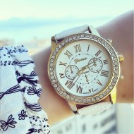 Ceas dama Golden White cu pietricele curea piele PU