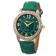 Ceas de dama Elegant Green cu pietricele si bratara piele