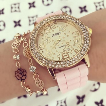 Ceas dama Flower Fashion Pink cu pietricele