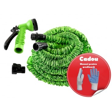 Pachet promotional Furtun extensibil 30 metri cu Pistol de pulverizare cu 7 functii + CADOU Manusi pentru gradinarit